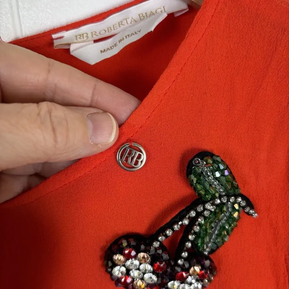 Roberta Biagi Vermillion Orange Cap‎ Sleeve Top With Rhinestone Embellishment